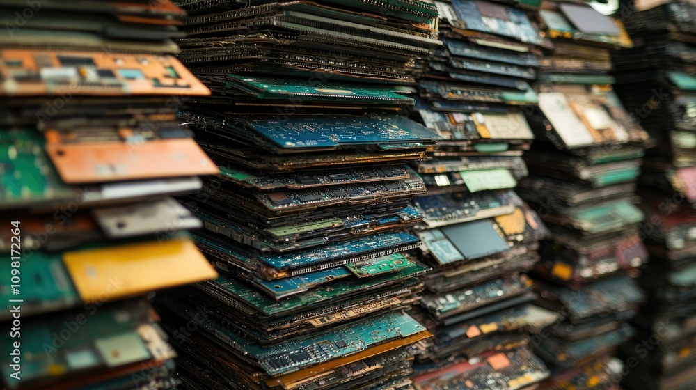 Poster Close-up of stacked circuit boards from a high angle, representing the process of recycling electronic components to reduce environmental impact.