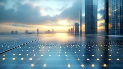 Futuristic Cityscape 3D Render Sunset Solar Panel Background