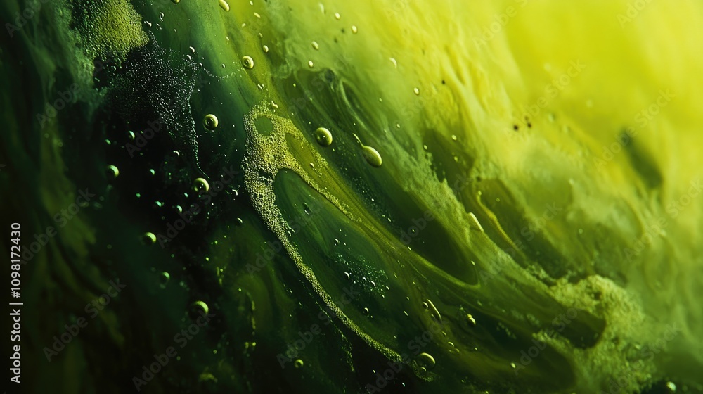 Poster close-up shot of green oil and water mixture, with droplets creating a stunning macro abstract backg