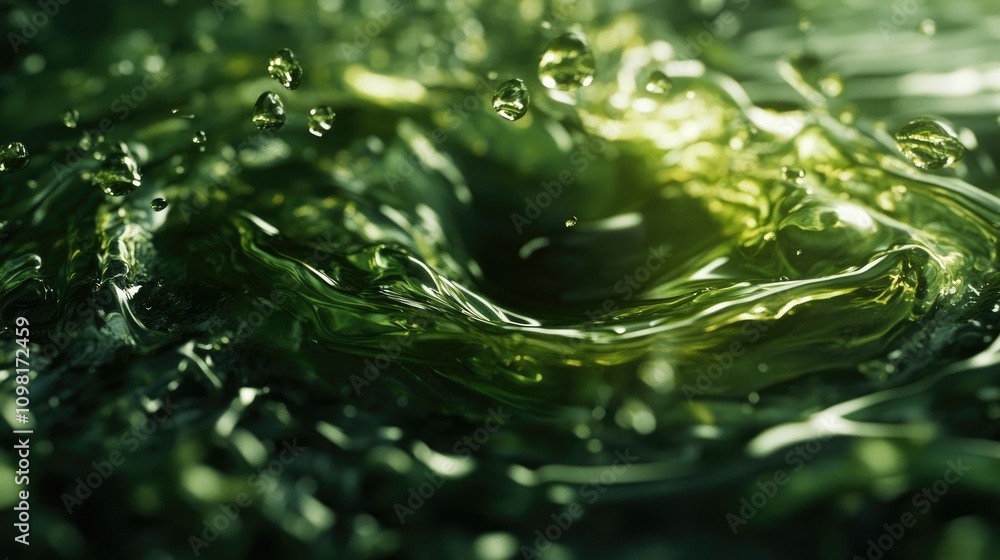 Poster close-up shot of green oil and water mixture, with droplets creating a stunning macro abstract backg