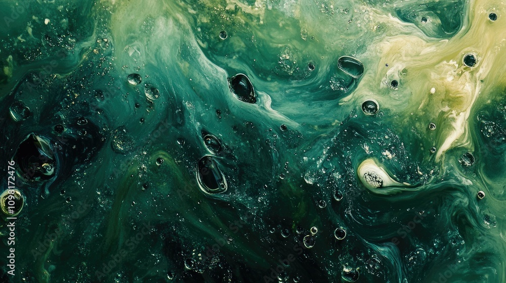 Poster close-up shot of green oil and water mixture, with droplets creating a stunning macro abstract backg