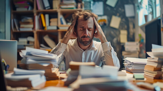 Workaholic businessman overworked with too much work in office.