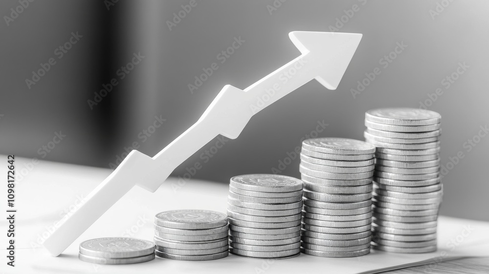 Poster a stack of silver coins progressively increasing in height with a bold, white arrow pointing upward,