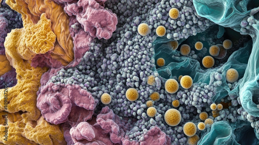 Aufkleber Close-up view of biological cells under a microscope, showcasing intricate details and structures in a scientific context.