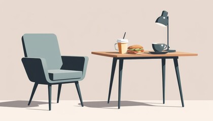Fototapeta premium Office lunch break setup, modern chair and table with sandwich, drinks, and lamp for a cozy work environment