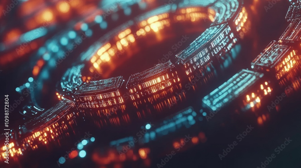 Poster Close-up view of blockchain digital elements in a circular pattern, with glowing nodes and interconnected data points.