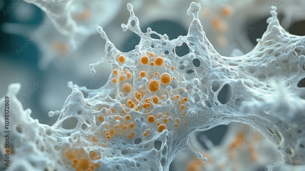Poster Close-up view of biological cells under a microscope, showcasing intricate details and structures in a scientific context.