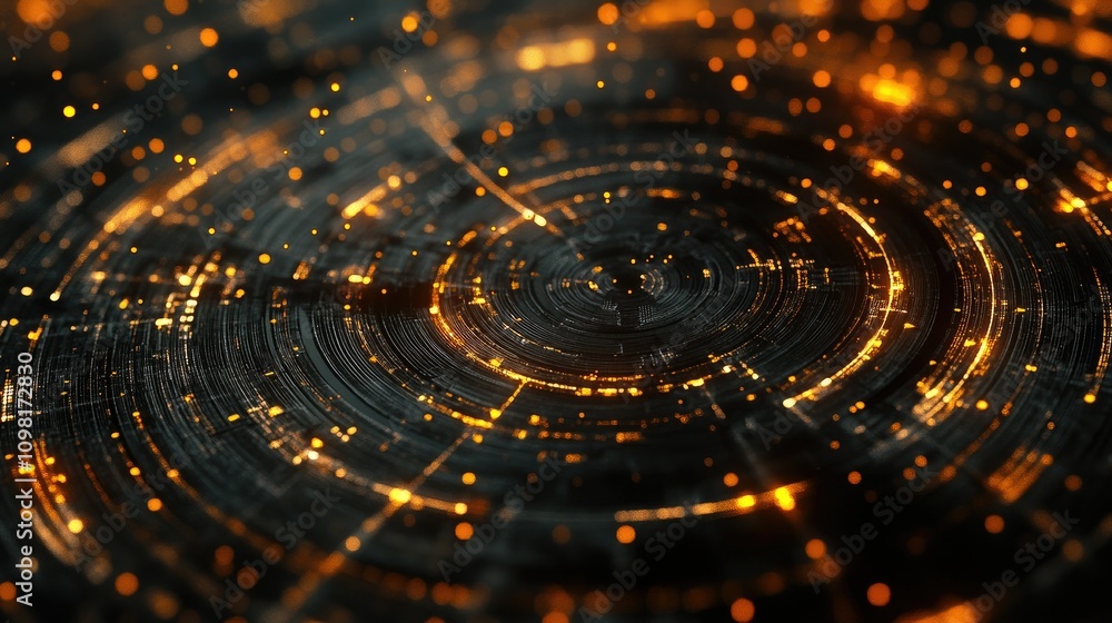Poster Close-up view of blockchain digital elements in a circular pattern, with glowing nodes and interconnected data points.