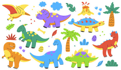 Cute colorful cartoon dinosaurs set. Vector flat children's illustration with multicolored dinosaurs isolated on a white background. © Ekaterina Chemakina