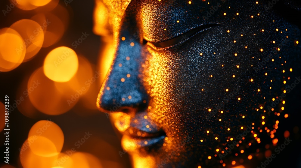 Poster tranquil buddha statue with golden glow effect amid enchanting bokeh lights : generative ai