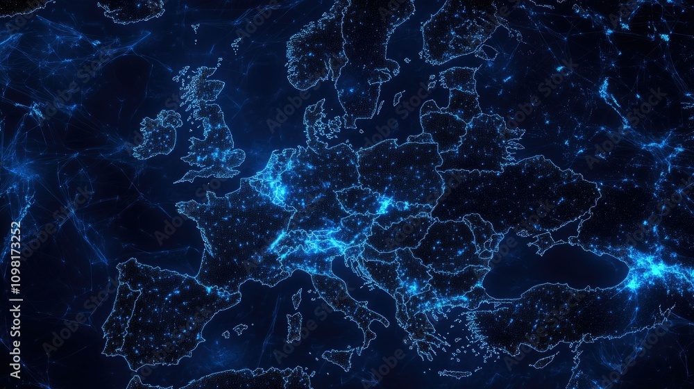 Poster Dark blue data patterns emerging over Europe, representing global data flow analysis and digital transformation across the continent.