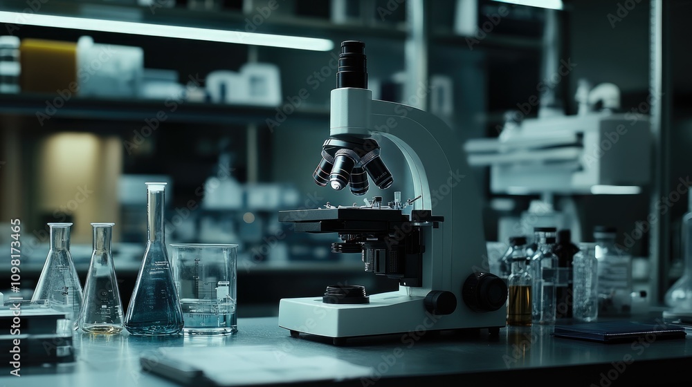 Poster Detailed shot of a microscope in a research lab with the focus on a specimen, highlighting advanced technology.
