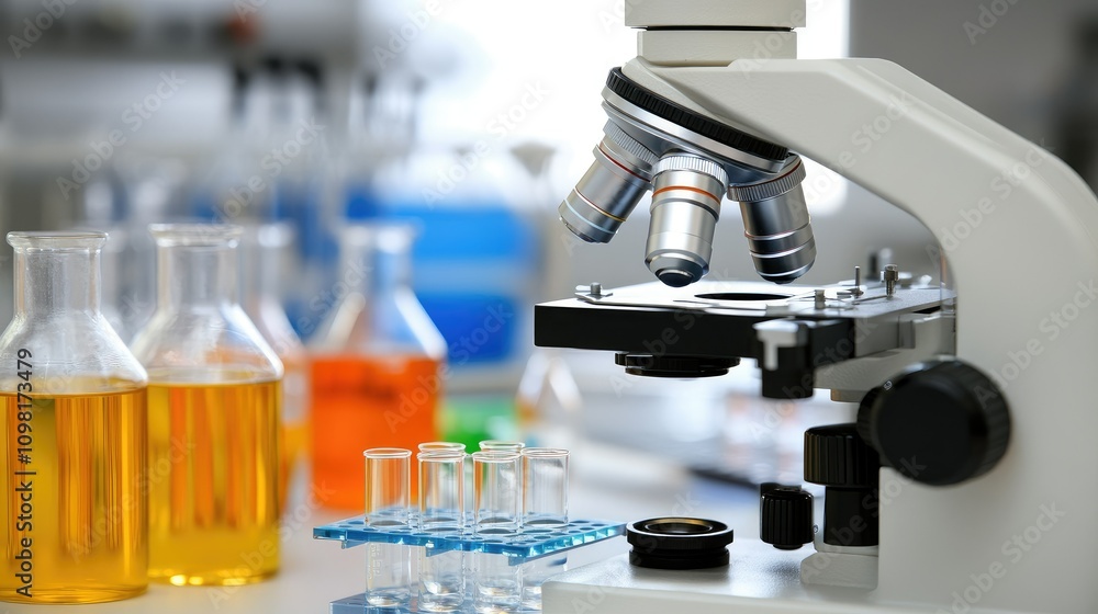 Poster detailed shot of a microscope in a research lab with the focus on a specimen, highlighting advanced 