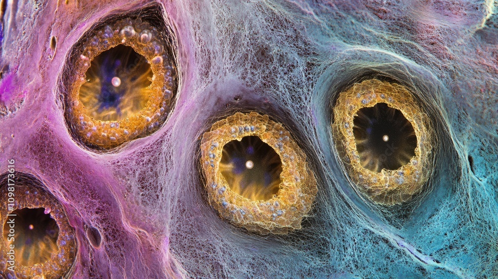 Poster Detailed shot of cells under a microscope, illustrating cell structure and division with high precision.