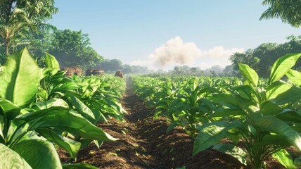 Obraz premium Lush green tobacco plantation. The sky is blue and the sun is shining