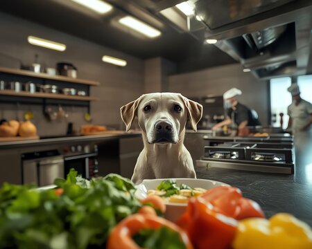 Wide-angle perspective, curious dog observing chefs skills, open kitchen filled with colorful ingredients, dynamic lighting effects