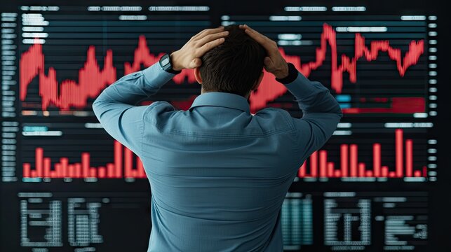 Trader holding his head in despair, surrounded by bright red financial charts showing plummeting stocks and negative figures.
