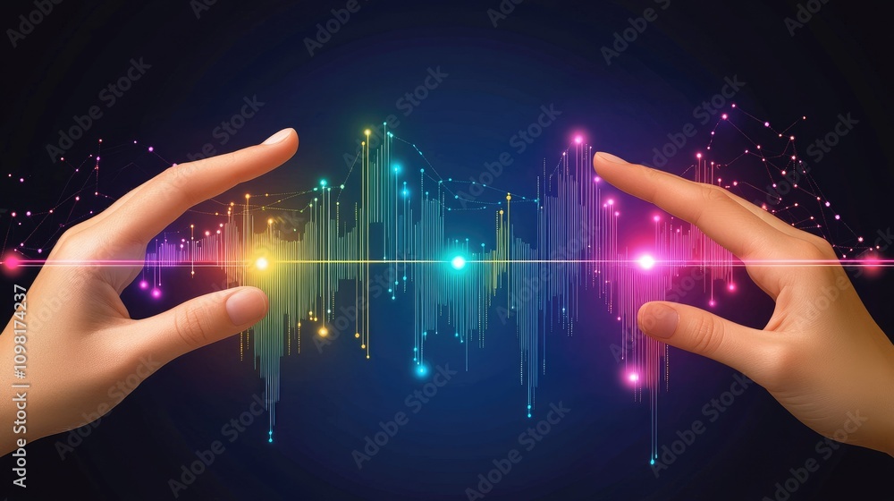 Poster vibrant stock market graphics blending into a sleek digital frame with glowing indicators.