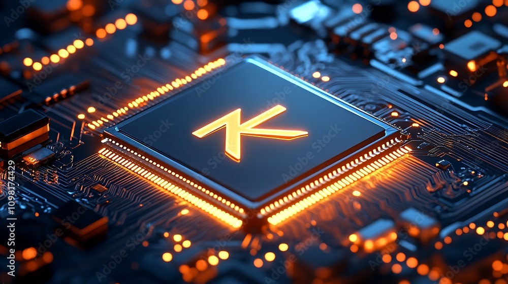 Aufkleber modern orange illuminated microchip with digital motherboard connections : generative ai