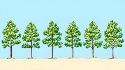Obraz premium Illustration of Six Pine Trees on Sand