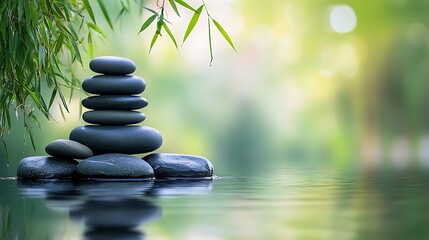 Obraz premium Serene Stone Stack Scene with Bamboo in Peaceful Zen Garden Setting : Generative AI