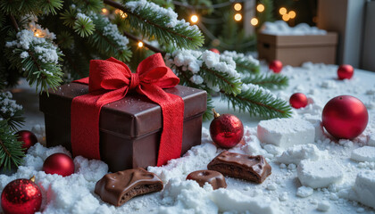 Christmas gift box with red ribbon and chocolates in snowy decor