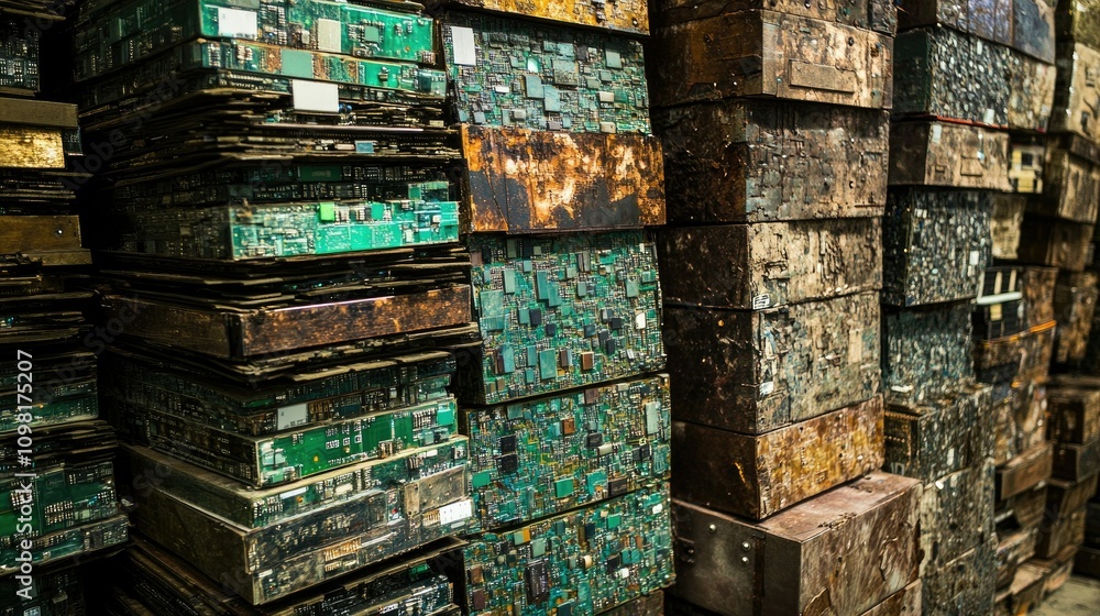 Poster high angle view of printed circuit boards stacked, ready for recycling to reduce e-waste and preserv