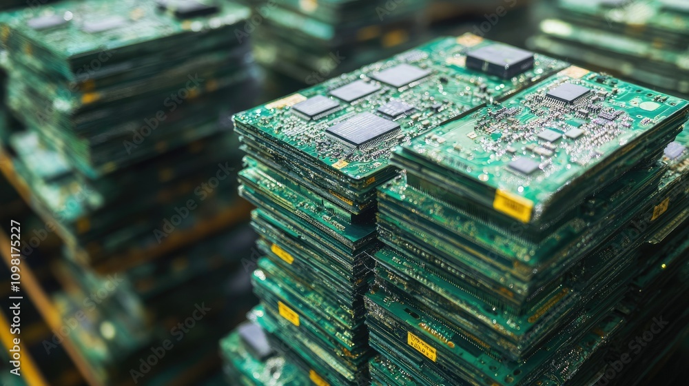 Poster high angle view of printed circuit boards stacked, ready for recycling to reduce e-waste and preserv