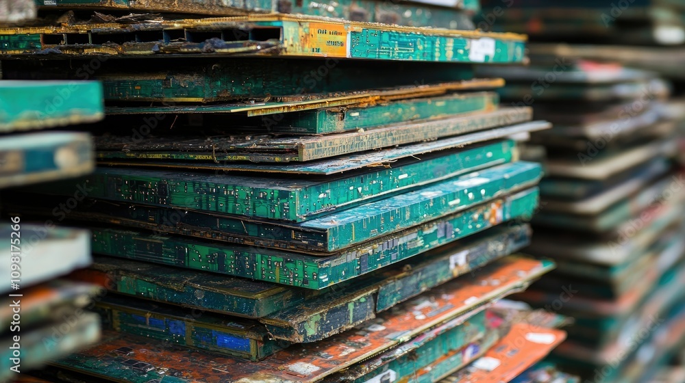 Poster high angle view of printed circuit boards stacked, ready for recycling to reduce e-waste and preserv