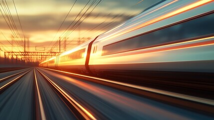 Obraz premium Blurred High Speed Train Journey with Orange Sunset on the Horizon : Generative AI