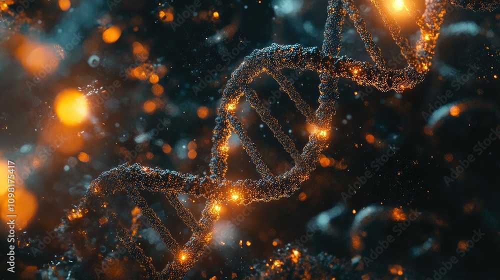 Poster High-resolution 3D rendering of DNA particles with spiraling helix structures, representing genetic research and innovation.