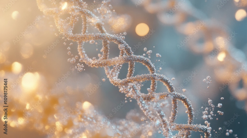 Poster High-resolution 3D rendering of DNA particles with spiraling helix structures, representing genetic research and innovation.