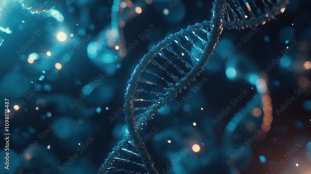 Poster High-resolution 3D rendering of DNA particles with spiraling helix structures, representing genetic research and innovation.