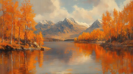 Fototapeta premium A serene autumn landscape featuring mountains, a reflective lake, and vibrant orange foliage.