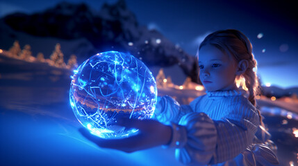 Naklejka premium A young girl holding a light orb, a futuristic festive dream