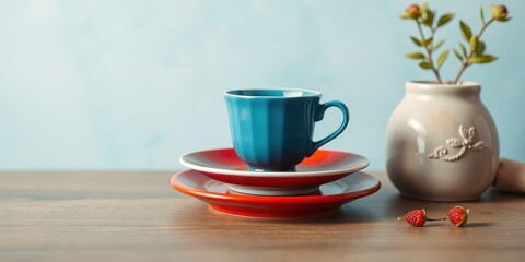 Fototapeta premium A blue teacup rests on a stack of red and white saucers, with a small plant and two red berries on the wooden table beside it.