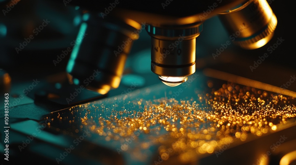 Poster Macro shot of a microscope lens focusing on a slide, demonstrating the close examination of biological samples.