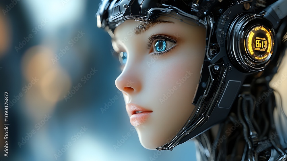 Poster close-up profile of a digital female android with shimmering blue eyes and advanced features : gener