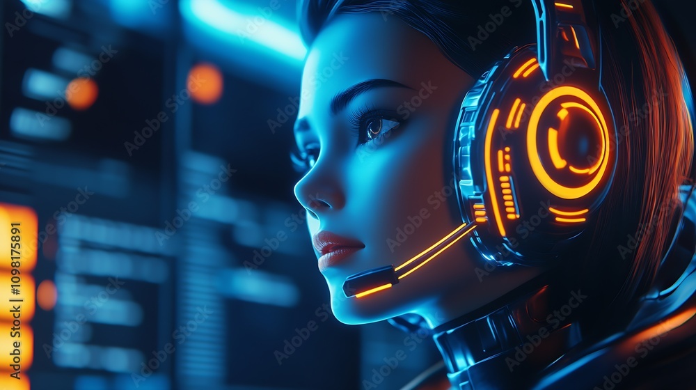 Aufkleber Tech Savvy Woman in Neon Headset Exploring Virtual World with High-Tech Interface : Generative AI