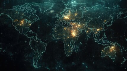 Obraz premium Map with glowing connection points between countries, highlighting international services, commerce, and communication worldwide.