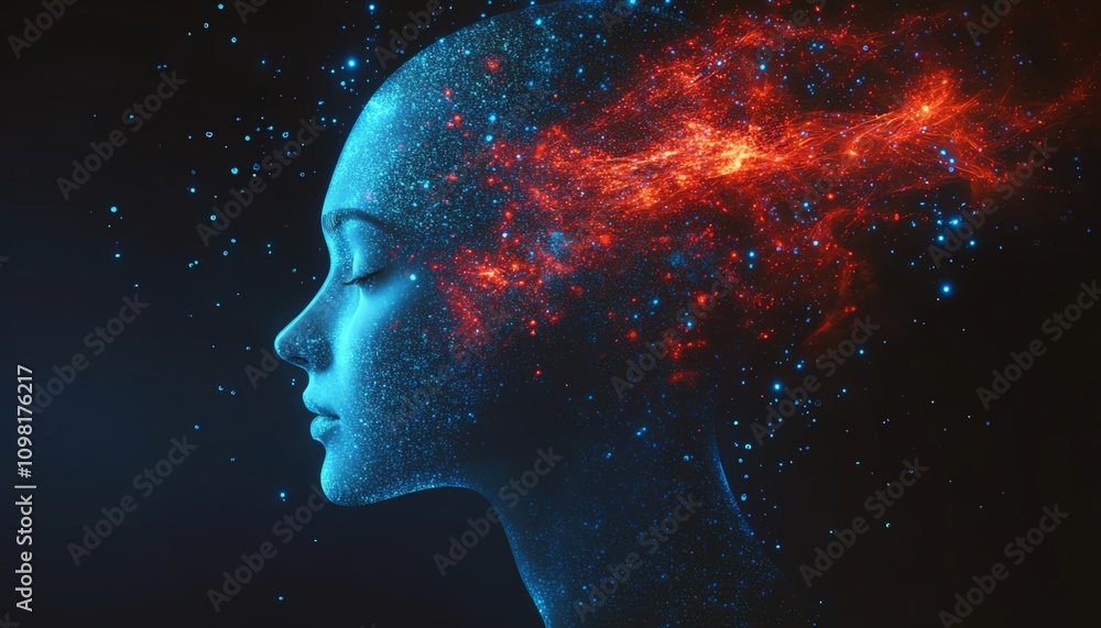 Poster Abstract digital human head profile with blue and red data streams and network nodes, symbolizing AI, connectivity, and technology