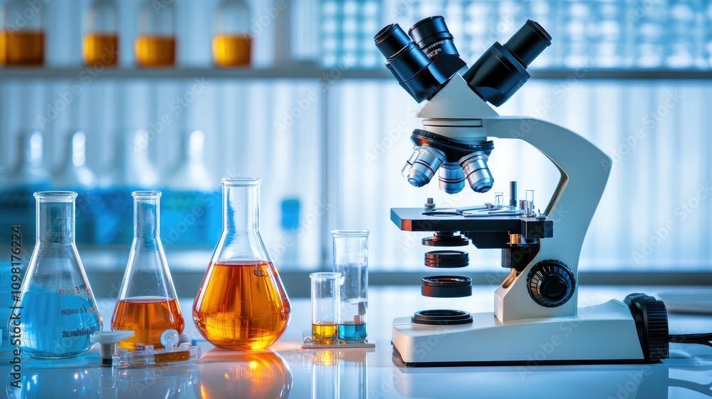 Poster Modern microscope in a laboratory setting with an illuminated slide, capturing a scientific analysis process.
