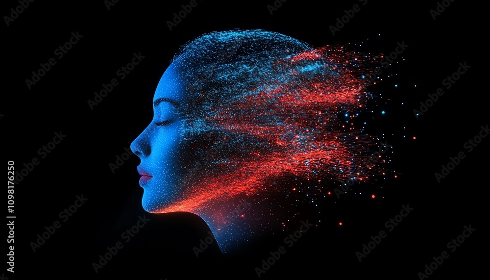 Fototapete abstract digital human head profile with blue and red data streams and network nodes, symbolizing ai