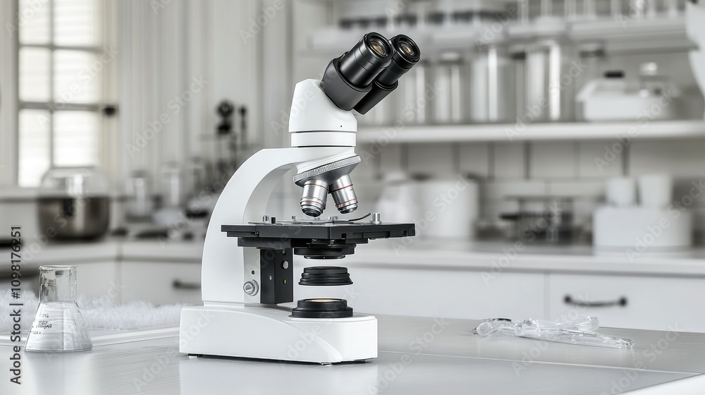 Poster Modern microscope in a laboratory setting with an illuminated slide, capturing a scientific analysis process.