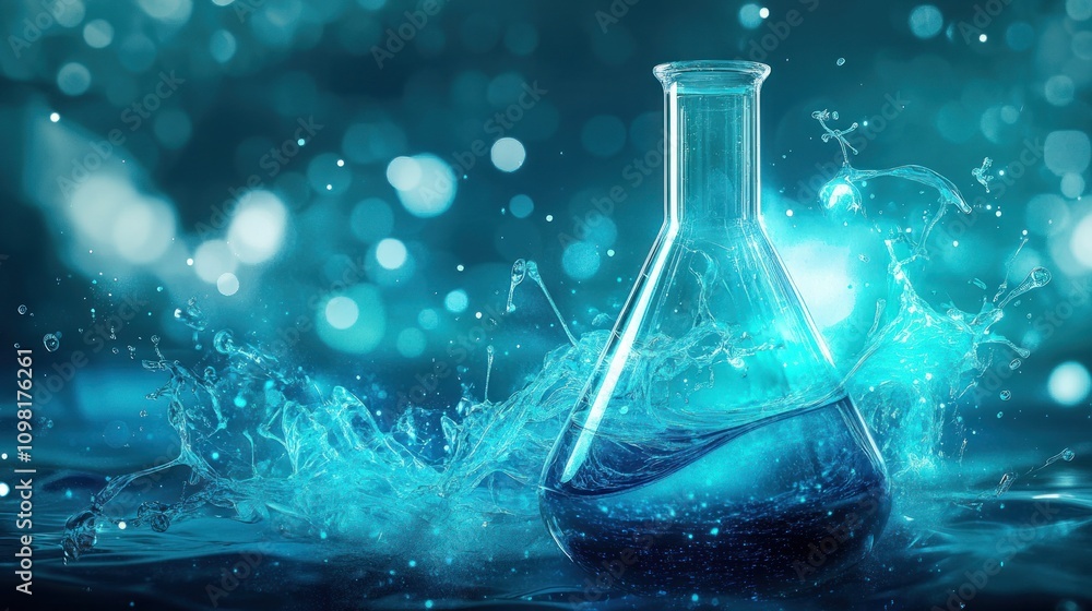 Poster laboratory flask with water splash and bokeh effect.