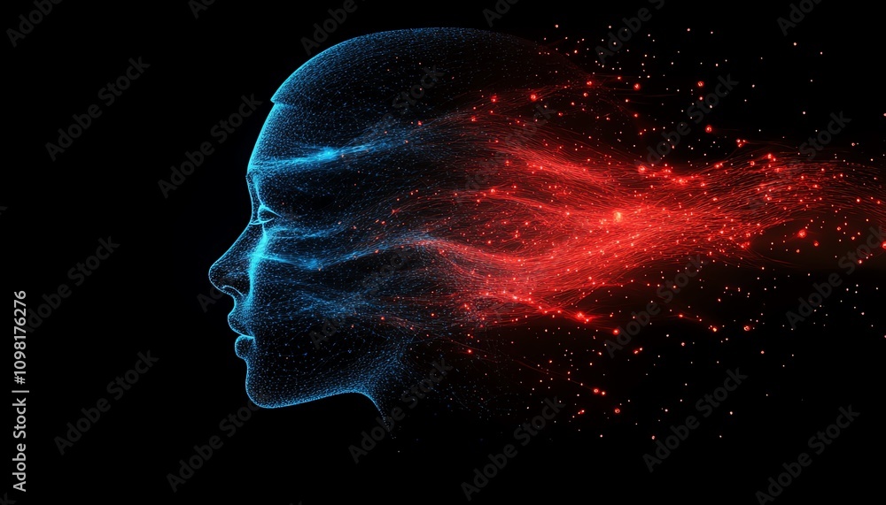 Leinwandbilder abstract digital human head profile with blue and red data streams and network nodes, symbolizing ai