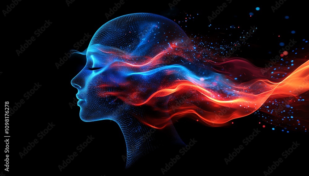 Leinwandbilder abstract digital human head profile with blue and red data streams and network nodes, symbolizing ai