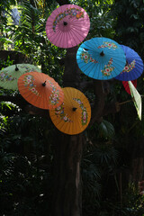 Many colorful umbrellas on a tall tree