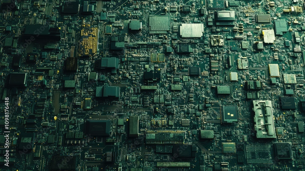Poster printed circuit boards arranged in a recycling process, showcasing e-waste management and the need f
