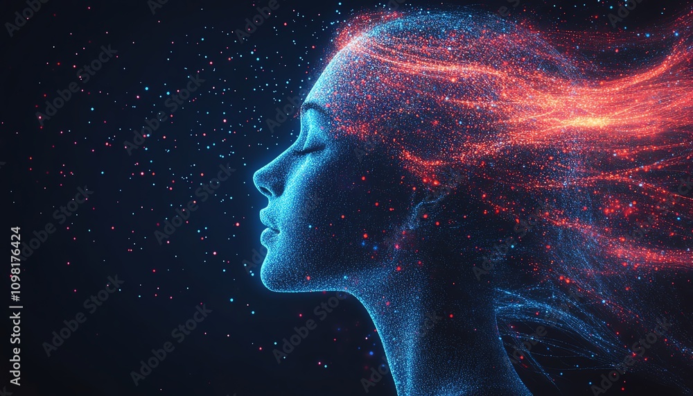 Leinwandbilder Abstract digital human profile with flowing blue and red data streams, dark background, representing AI and datadriven technology